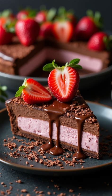 Thematic photo of a slice of chocolate-strawberry mousse cake, showing layers