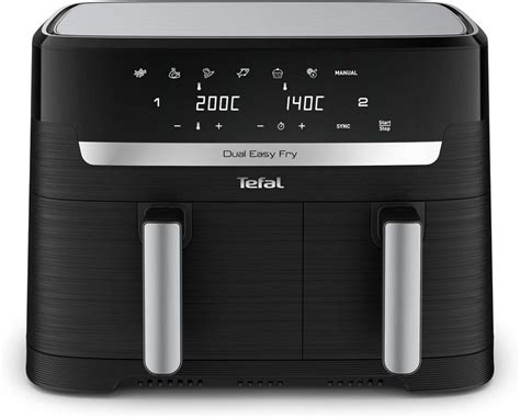 Tefal Dual Air Fryer product photo, showing two drawers and cooked food