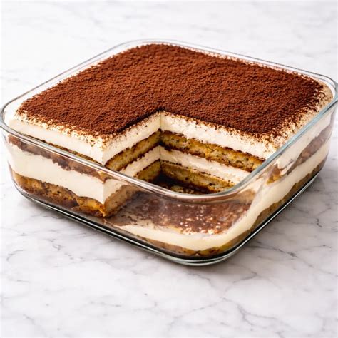 Tiramisu sladica s kavo, mascarponejem in kakavom v servirni posodi