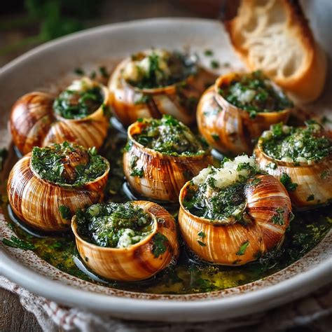 Fotografija krožnika s polži v masleni omaki s peteršiljem (escargots au beurre persillé)