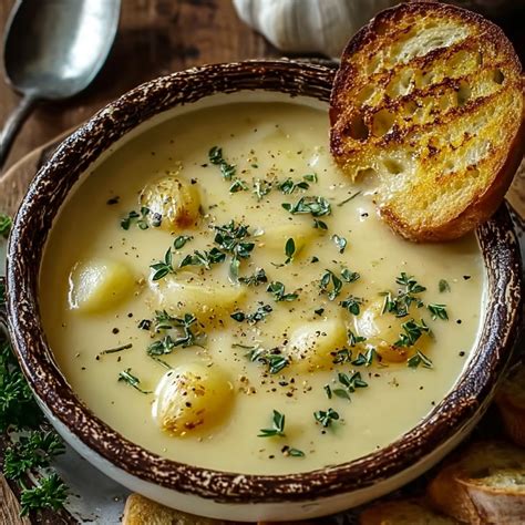 Thematic photo of garlic soup in a bowl with croutons and fresh herbs