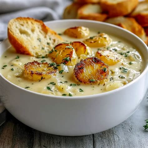 Thematic photo of creamy garlic soup in a bowl