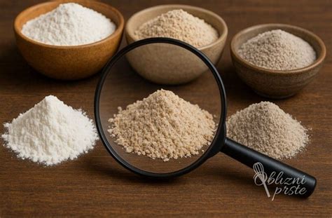 Fotografija različnih vrst pšenične moke (bela, polbela, polnozrnata).