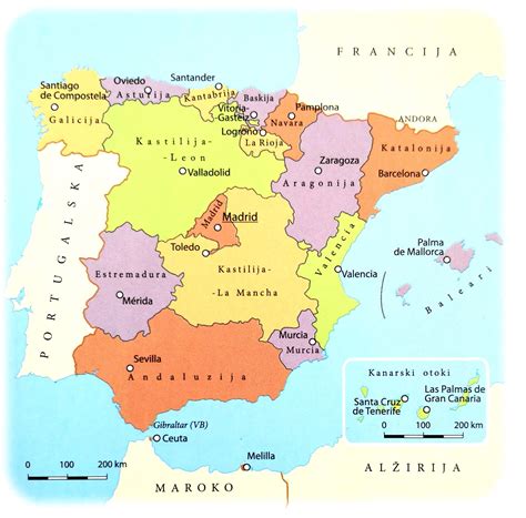 Zemljevid Španije s poudarkom na kulinaričnih regijah (Andaluzija, Galicija, Baskija, Valencija, Katalonija)