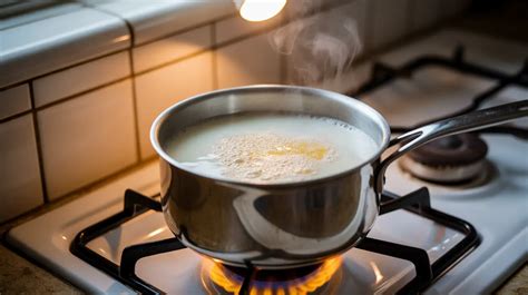 The process of cooking semolina in milk, showing a saucepan on a stove
