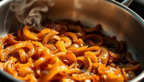 The process of slow caramelization of onions for goulash, close-up