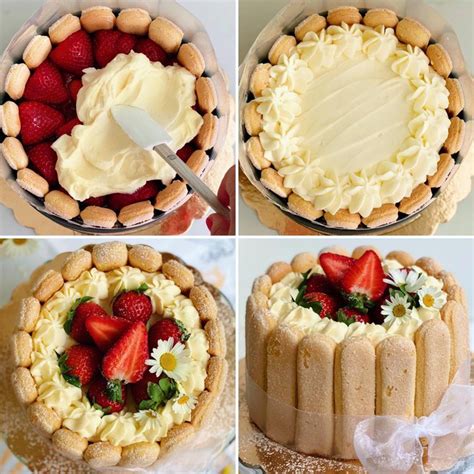 Prikaz postopka okrasitve torte s svežim sadjem in smetano.