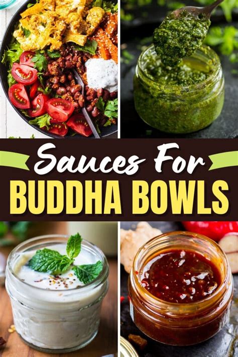 Collage of various Buddha Bowl sauces (tahini, yogurt, ranch)