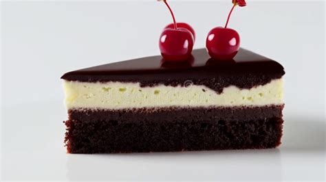 Thematic photo of a slice of chocolate cake with cherries and chocolate glaze