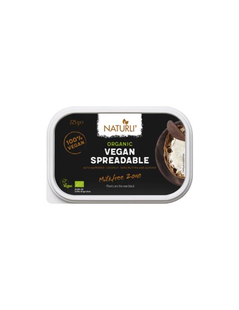 Embalaža veganskega masla Naturli' z jasno označenimi sestavinami in hranilno vrednostjo.