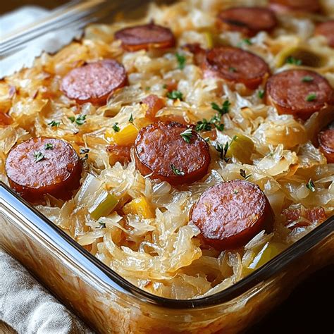 Photo of baked sauerkraut with sausage in a casserole dish