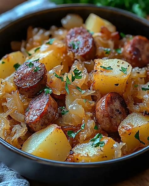 Photo of a rich soup or stew with sauerkraut, potatoes and sausage in a bowl