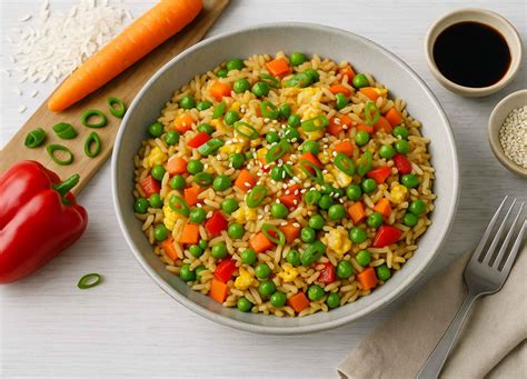 koščki piščanca, zelenjava in riž v ponvi, pripravljeni za kuhanje