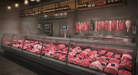 The interior of a modern butcher shop with various cuts of meat