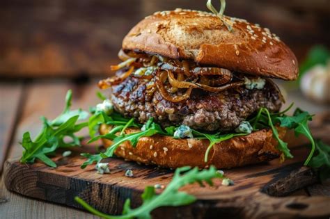 A beautifully prepared gourmet burger with a thick patty and fresh ingredients