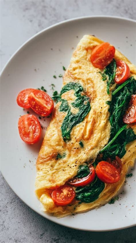 Thematic photo of an omelet with spinach and tomatoes on a plate, garnished with fresh herbs.