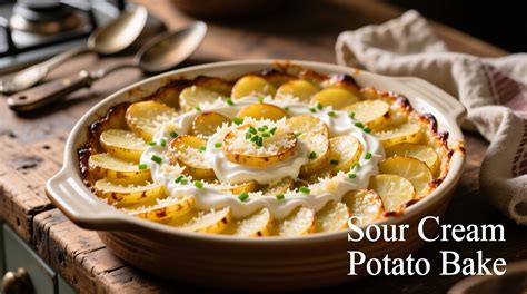 A close-up photo of a potato gratin with sour cream, cooked in a microwave-safe dish