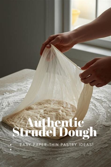 Infographic showing how to stretch strudel dough on a tablecloth