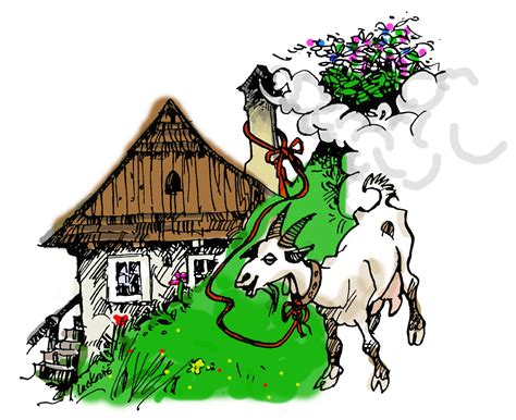 ilustracija živali (koza) na paši s poudarkom na različnih rastlinah