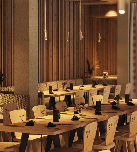 Notranjost moderne burger restavracije z lesenimi mizami in industrijskim dizajnom