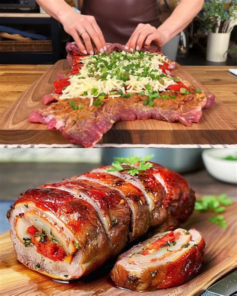 Photo of a finished stuffed pork neck roll, sliced