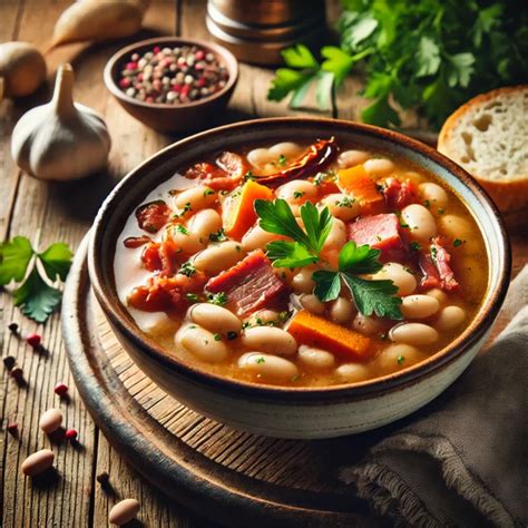 Thematic photo of a bowl of vegetarian pasulj with fresh bread and parsley