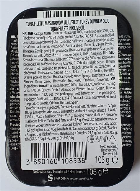 pakiranje tune v oljčnem olju z deklaracijo