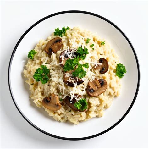 Thematic photo of mushroom risotto on a plate, garnished with parsley.