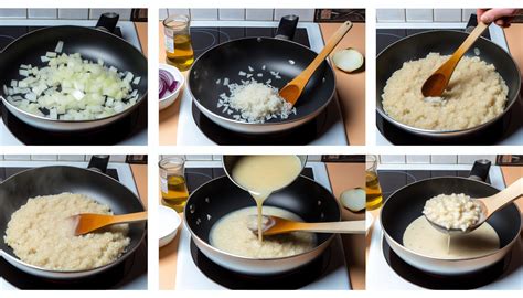 Infographics showing the gradual addition of liquid in risotto preparation.