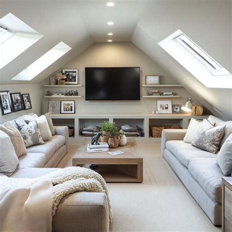 Photo of a bright attic living room with multiple roof windows and well-planned artificial lighting