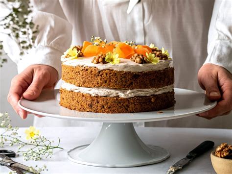 Tematska fotografija: rezina korenčkove torte z belo kremo in oreščki