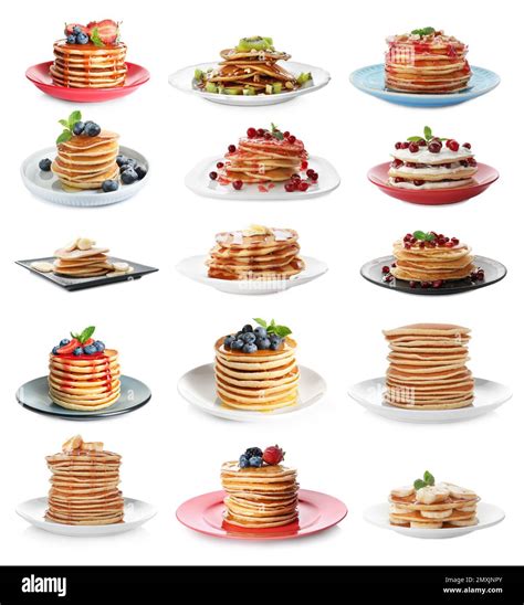 Thematic photo of served American pancakes with various toppings