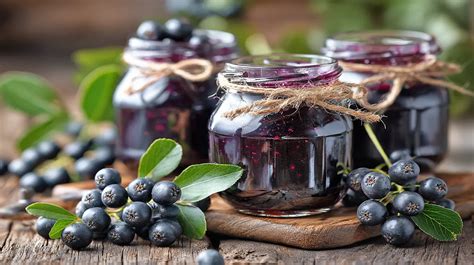 Fotografija toastov z namazano aronijevo marmelado, ob strani pa kozarec svežega soka iz aronije.