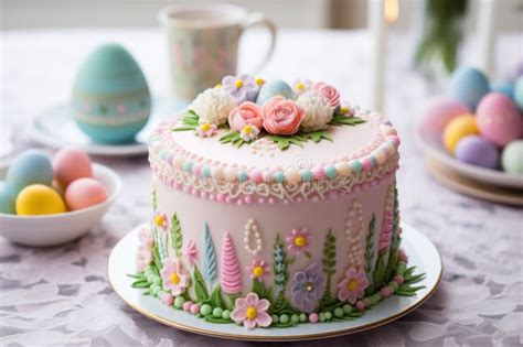 Thematic photo of a beautifully decorated Easter cake with spring motifs