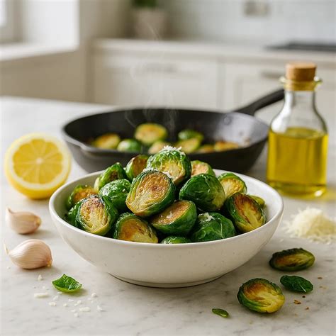 Pripravljen brstični ohrovt, pražen na ponvi, z rahlo zapečenimi robovi