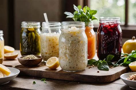 Slikovni prikaz fermentiranih živil, kot so kefir, kislo zelje in jogurt