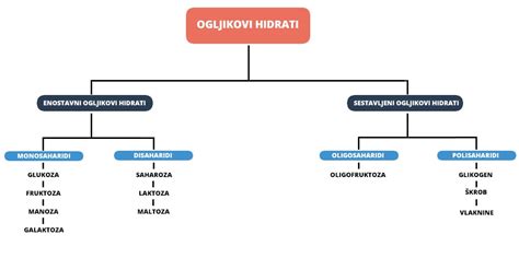 Infografika o strukturi in razvrstitvi ogljikovih hidratov