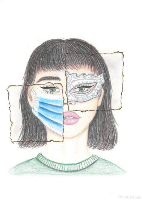 Ilustracija osebe z masko, ki se spogleduje s svojim odsevom, ki prikazuje pristna čustva