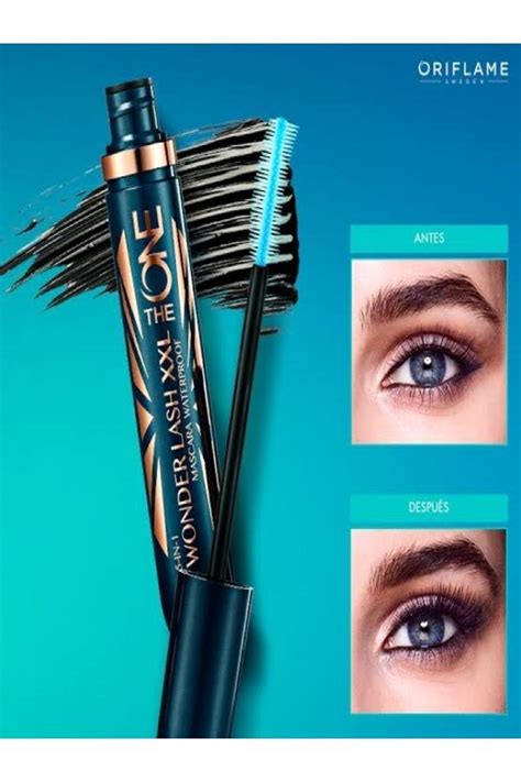 The ONE WonderLash XXL maskara v črni barvi, prikazuje ščetko in učinek na trepalnicah