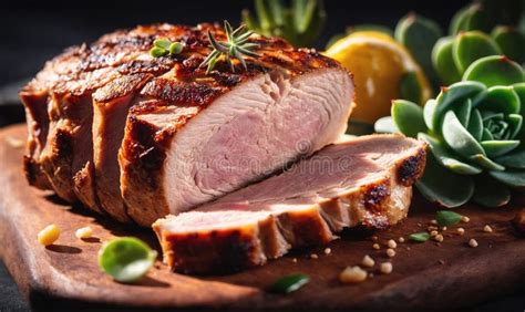 Thematic photo of a perfectly roasted netted pork loin on a cutting board