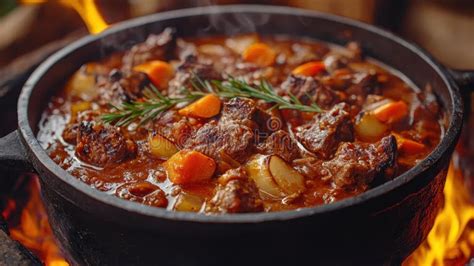 Thematic photo of goulash simmering in a cast iron pot on a stove
