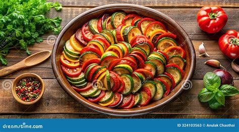 Thematic photo of a colorful ratatouille dish in a baking dish, freshly baked