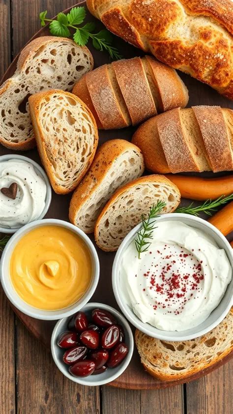 Selection of healthy spreads served with various breads and vegetables.