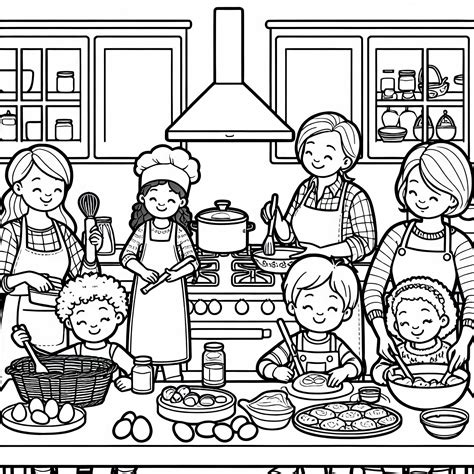 Ilustracija družine, ki skupaj pripravlja hrano v kuhinji.