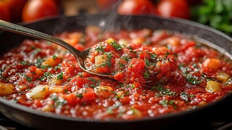 Photo of a rich red tomato sauce with herbs