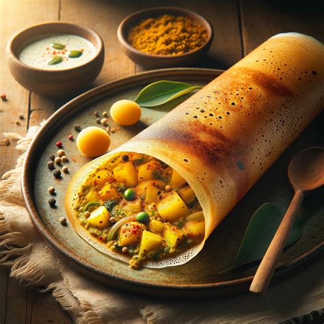 Fotografija masala dose, postrežene s čatniji in sambarjem