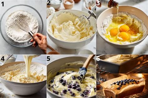 Infographic of the steps for making a moist blueberry cake with buttermilk, showing ingredients and mixing process