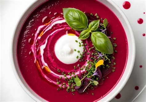 Vibrant creamy beetroot soup in a bowl with a swirl of sour cream and fresh herbs