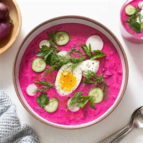 Photo of a traditional Russian cold beetroot soup (Svekolnik or cold borscht)