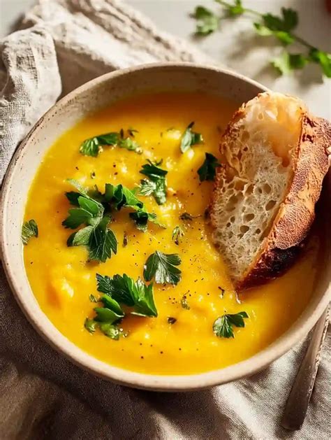 Final dish photo of a bowl of potato and lentil soup, garnished with fresh parsley and a lemon slice
